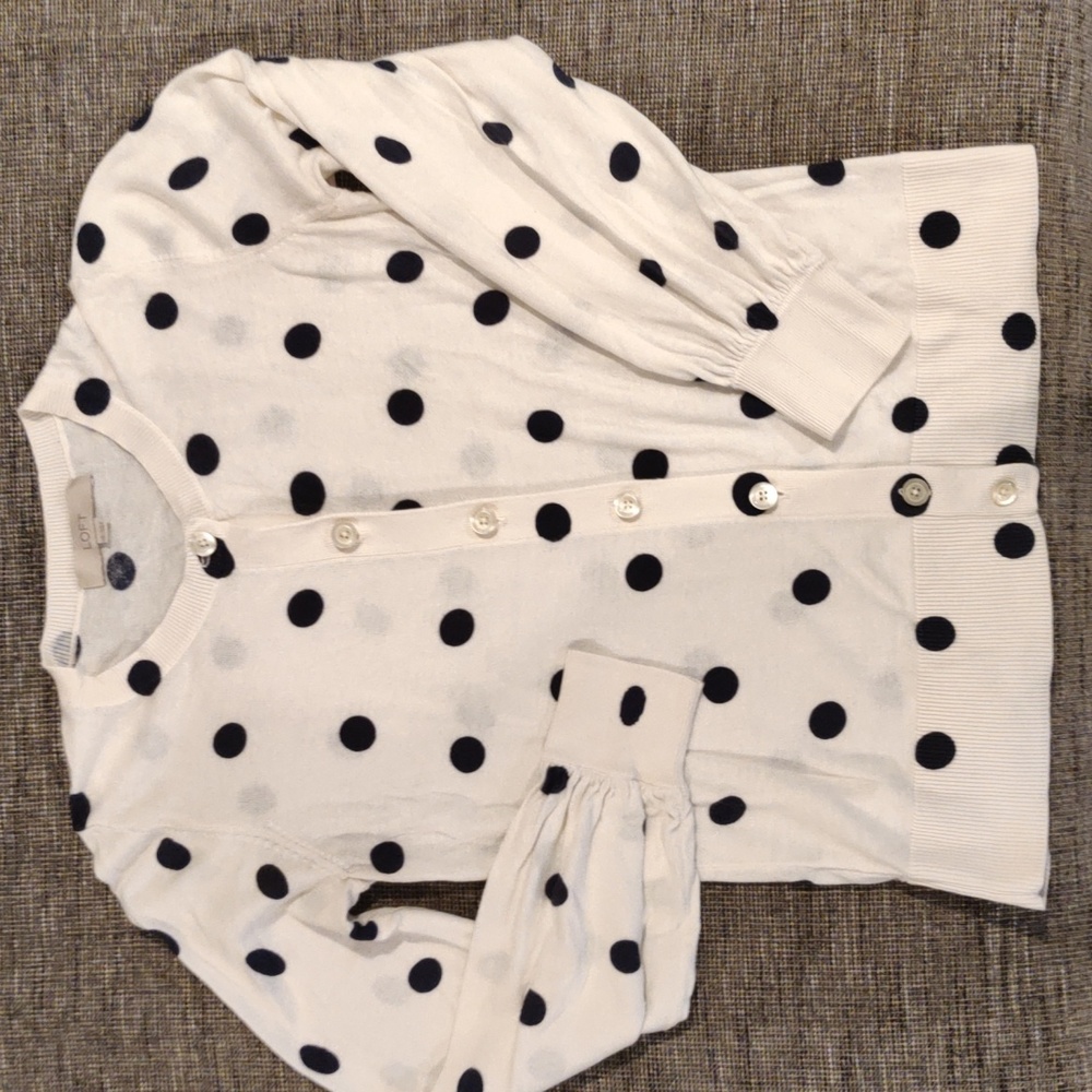Off white cardigan with navy polka dots